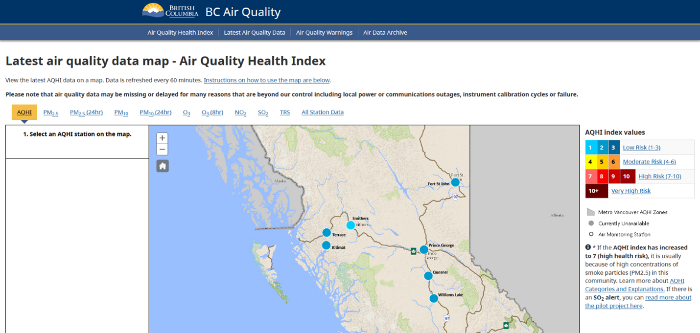 Screenshot of the BC Air Quality monitoring map.